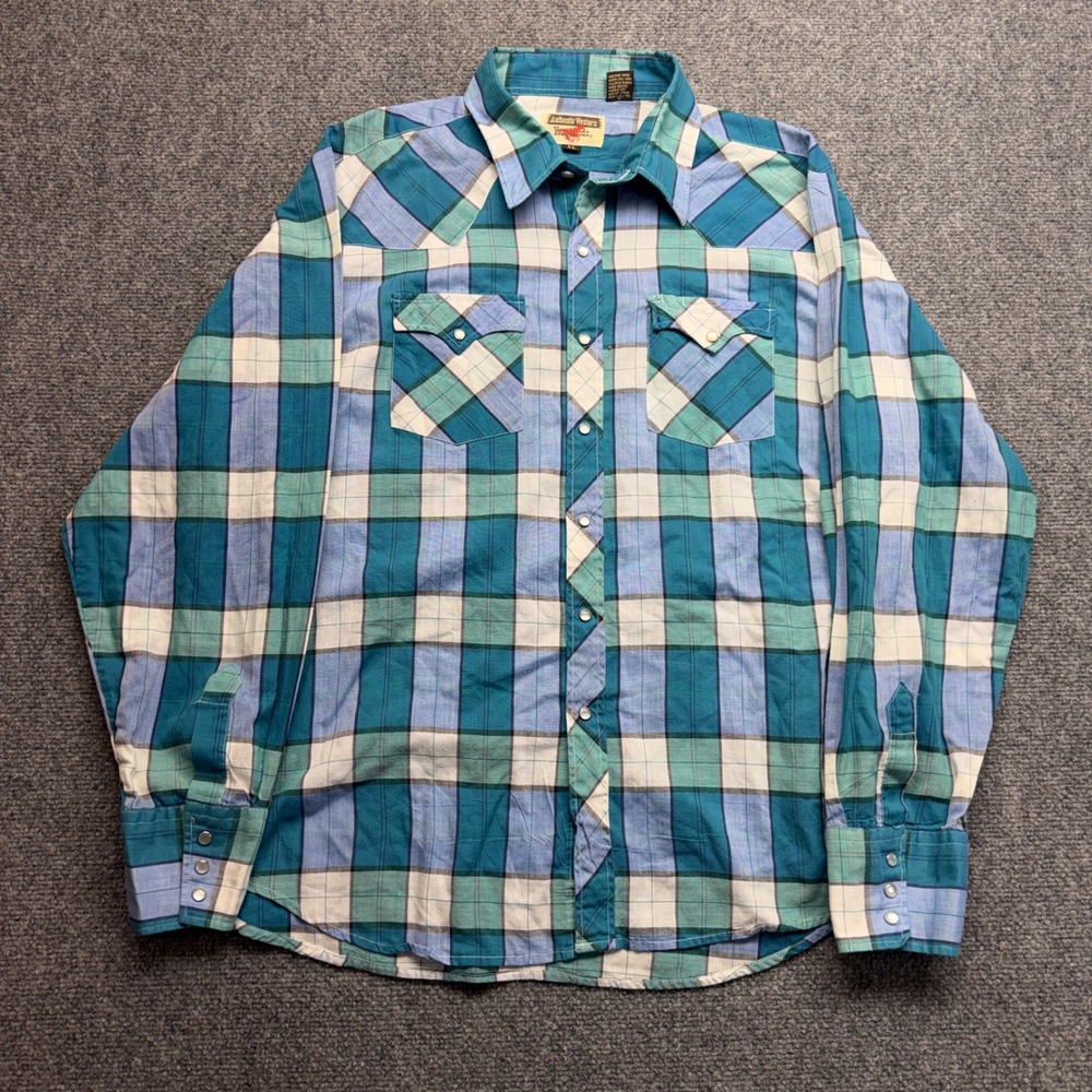 Authentic Western Youngbloods Plaid Snap Button Shirt Teal Blue XL